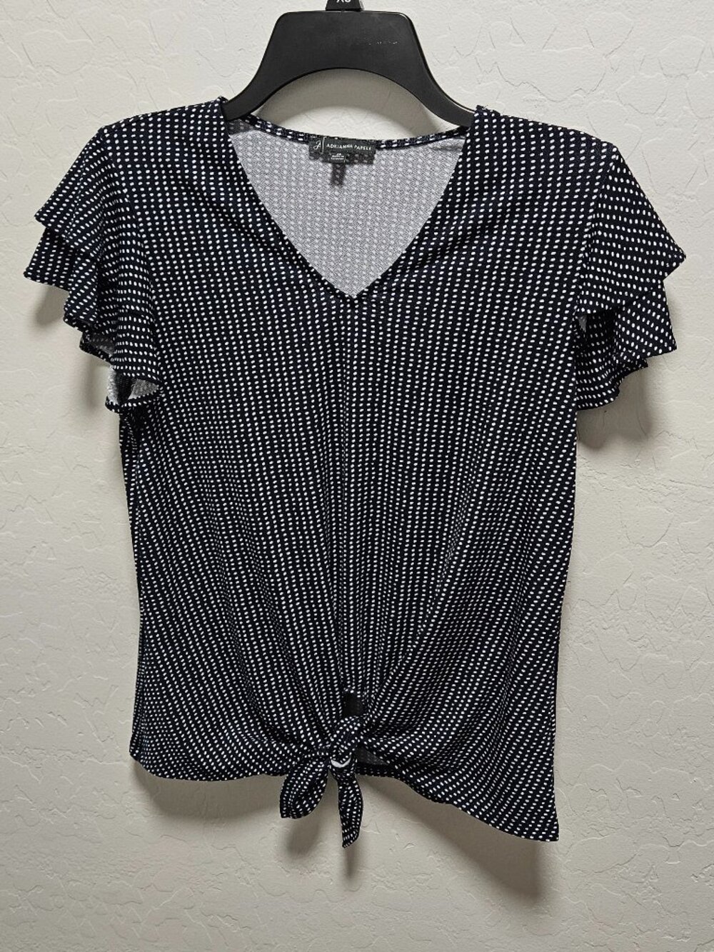 Adrianna Papell Navy Polka Dot Ruffle Sleeve Tie-Front Top XS